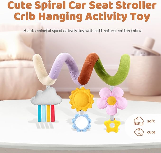 Stuffed Spiral Baby Car Seat Toys, Best Newborn, Soft Infant Essentials Must Have Hanging Toys (Vibrant Nature)