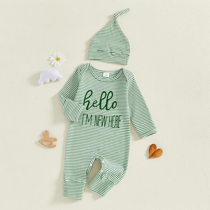 Fernvia Newborn Baby Boy Clothes Letters Print Bodysuit 3 6 9 12 18 Months Long Sleeve Jumpsuit with Hat 2PCS Outfits Set