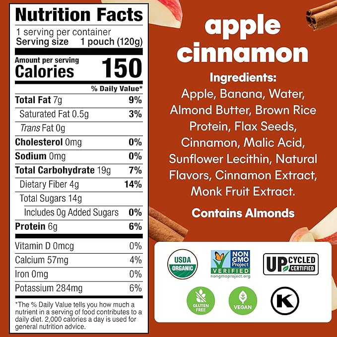 Noka Superfood Fruit Smoothie Pouches, Organic Applesauce Pouches with Apple, Cinnamon & Almond Butter, Healthy Snacks with Organic Fruits, Plant Protein, Fiber & Flax Seed, 4.22 oz (Pack of 6)
