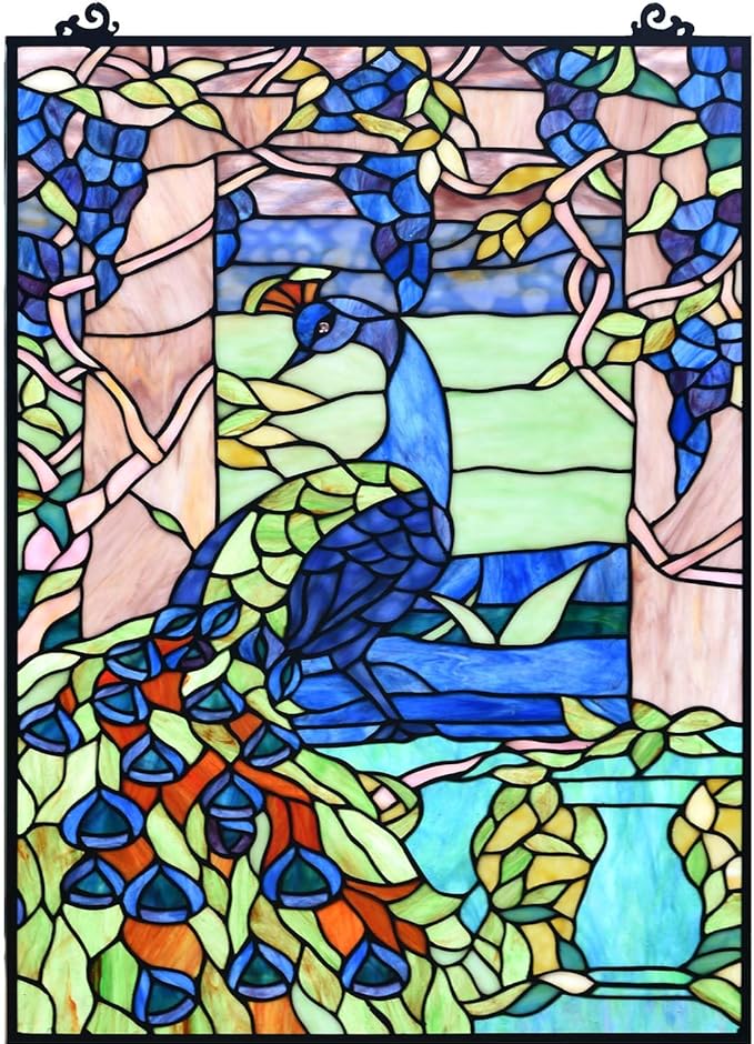 Bieye W10095 Peacock in Garden Tiffany Style Stained Glass Window Panel for Home Decor (Blue, 17.5Wx23.75H Rectangular)