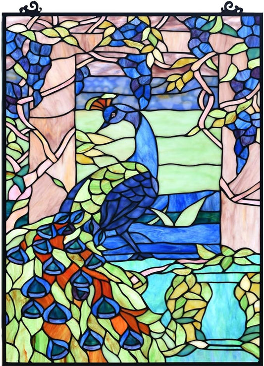 Bieye W10095 Peacock in Garden Tiffany Style Stained Glass Window Panel for Home Decor (Blue, 17.5Wx23.75H Rectangular)