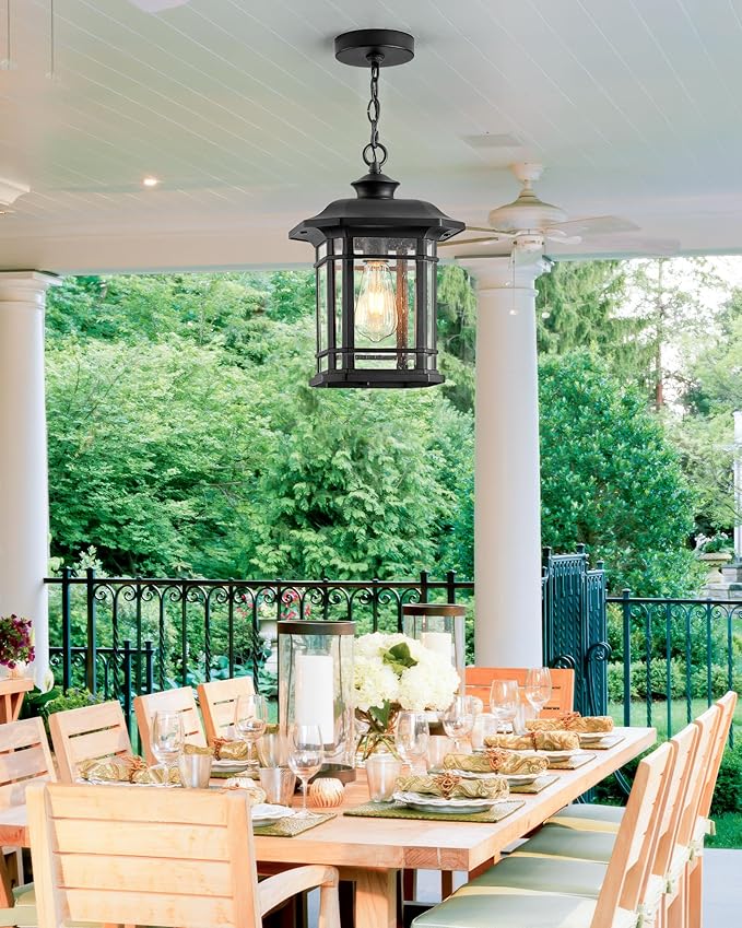 VIANIS Large Outdoor Pendant Light, Black Chandelier Lantern, Anti-Rust Outdoor Hanging Lights, Porch Lights Ceiling with Tempered Seed Glass for House