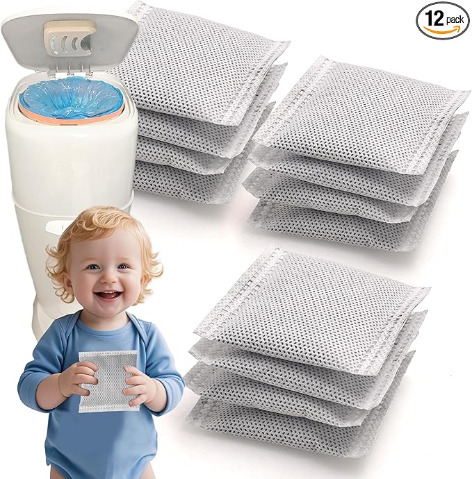 NewKe 12 Pack Diaper Pail Deodorizer Refill, Activated Charcoal Filters for Diaper Genie Complete and Expressions Pail, Odor Eliminator, Activated Carbon Filter Refill, Keep Nursery Fresh