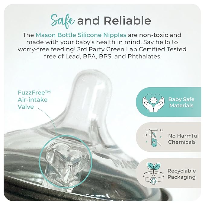 Mason Bottle Flexible Flow Nipples (6+ Months) – Silicone Baby Bottle Nipples, Fits Any Regular-Mouth Mason Jars – Wide Natural Shape, BPA-Free, Non-Toxic, Made in USA (2-Pack)