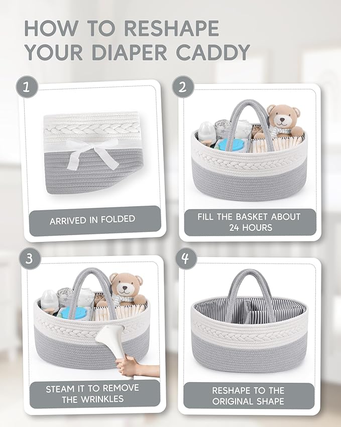 Maliton Cotton Rope Diaper Caddy Organizer - Nursery Storage Caddy, Baby Boy Changing Table Must Have, Perfect