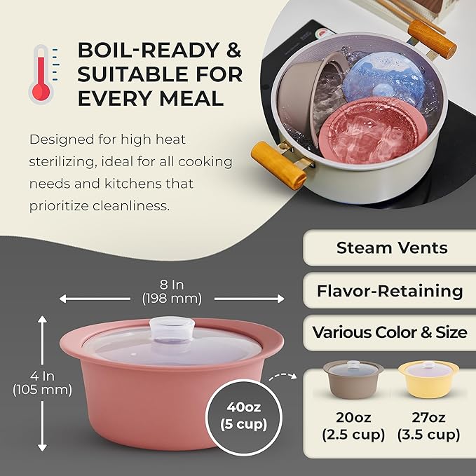 40oz Platinum Silicone Microwave Steamer Pot with Handle & Lid - Korean 100% Food-Grade Steamer Bowl, Heat-Resistant Cooker with Steam Holes, Easy Clean, Dishwasher Safe, Dry Rose