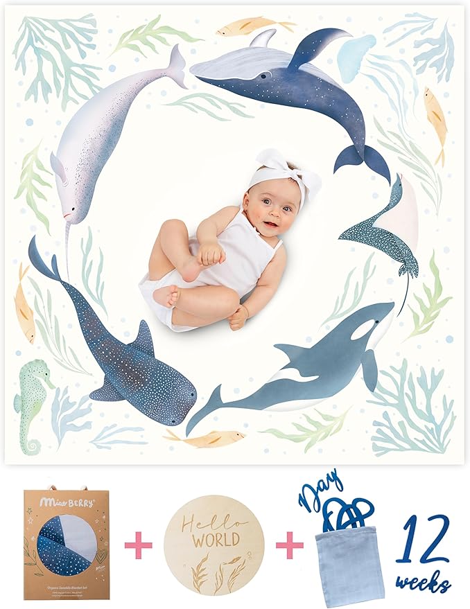 Miaoberry Ocean Baby Milestone Blanket – Monthly Baby Milestone Photo Prop for Boy, Under The Sea Growth Tracker Blanket with Hello World Sign and Registry Must-Have