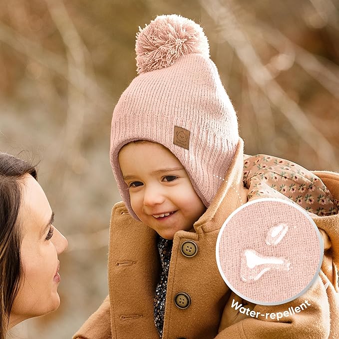 Baby Beanies, Baby Hats for Boys, Girls - Cute Toddler Winter Hat, Soft & Stretchy Beanies for Infant, Newborn 0-6 Months, Cozy & Warm with Earflap Muff & Pom (Blush, S)