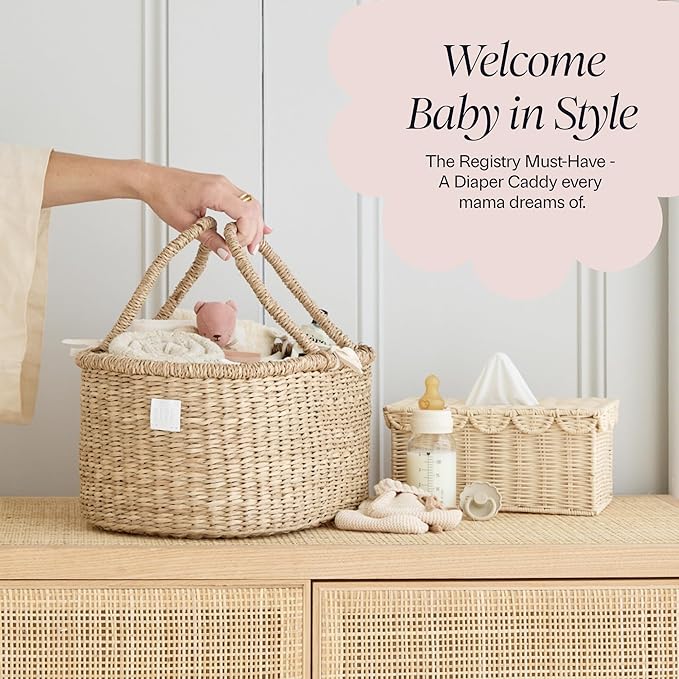 BEBE BASK Premium Baby Diaper Caddy Organizer - Artisan-Made Seagrass Basket With Cotton Divider - Award-Winning & Luxury Diaper Caddy Basket (ROSA)