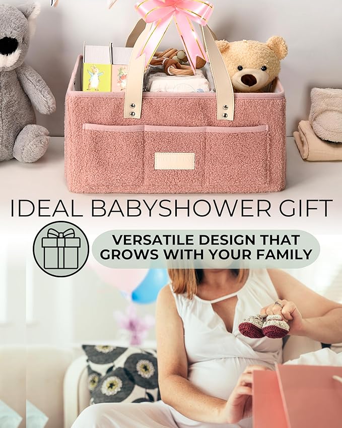 Baby Diaper Caddy Organizer with Portable Changing Mat - Teddy Fleece Diaper Organizer for Changing Table - Basket for Changing Essentials - Baby Essentials Organizer with Removable Dividers