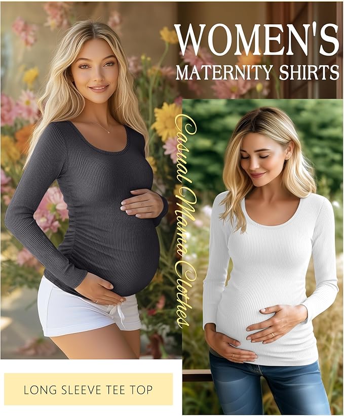 Riyiper 4 Pack Women's Maternity Shirts, Long Sleeve Cotton Ribbed Pregnancy Tee Top Crewneck Side Ruched Casual Mama Clothes