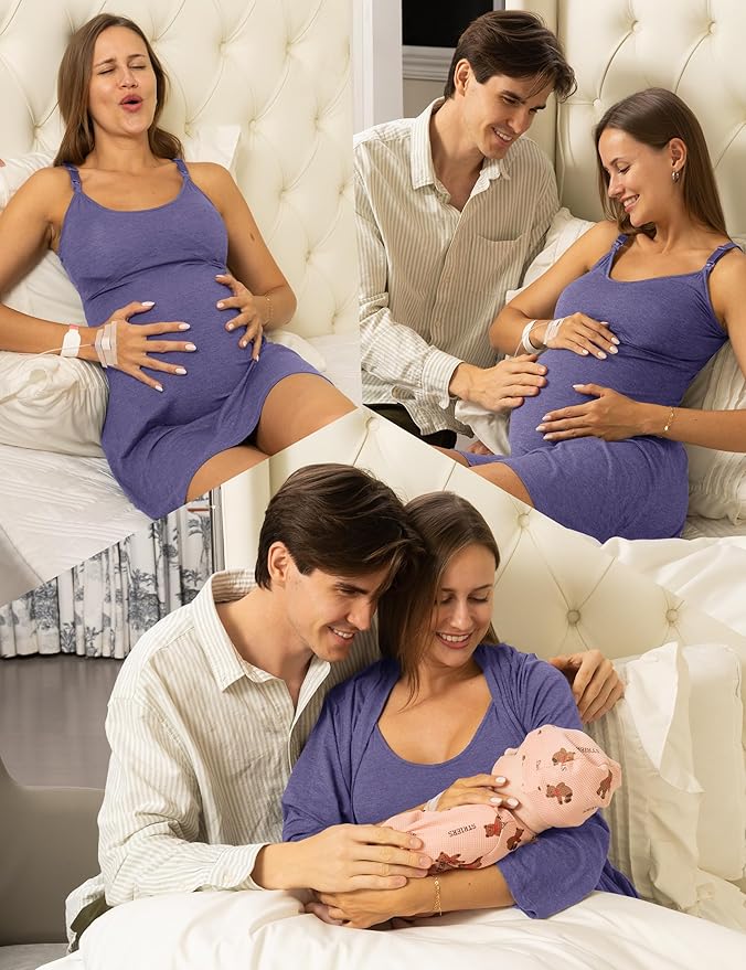 SUNNYBUY Women's Nursing Nightgown Maternity Robe Set, 3 in 1 Labor Delivery Breastfeeding Dress Postpartum Sleepwear