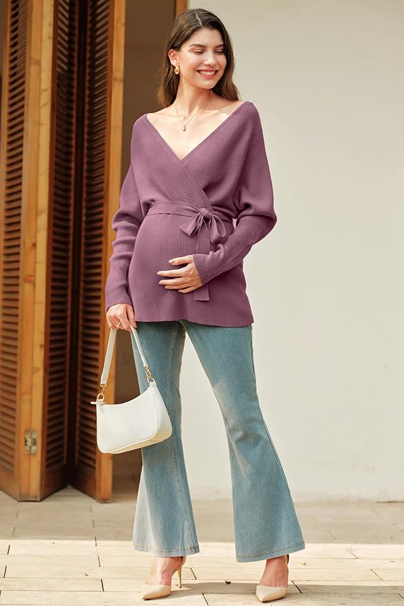 OUGES Womens Soft Cotton Blend Maternity Sweater Wrap V Neck Long Sleeve V Back Fall Shirts Pregnancy Outfits with Belt