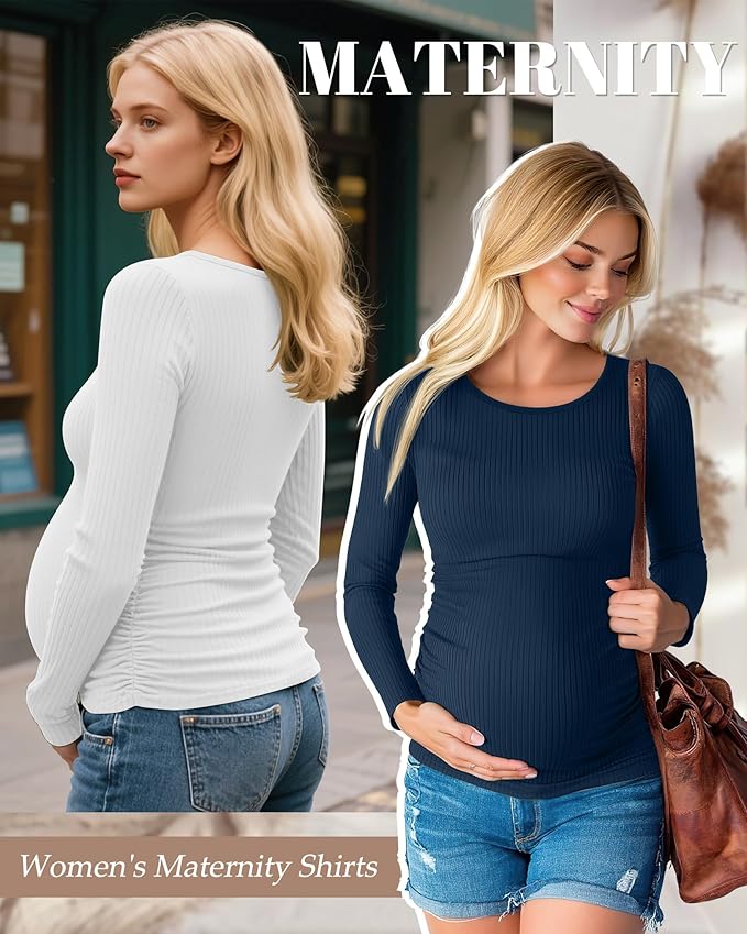 Huukeay 4 Pack Women's Maternity Shirts, Long Sleeve Cotton Ribbed Pregnancy Tops Side Ruched Crew Neck Casual Mama Clothes