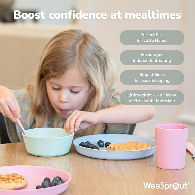 WeeSprout Bamboo Kids Bowls with Lids, Set of Four 10 oz Kid-Sized Dinnerware, Cereal, Leftovers & Snack Bowl, Dishwasher Safe (Blue, Green, Gray, & Beige)