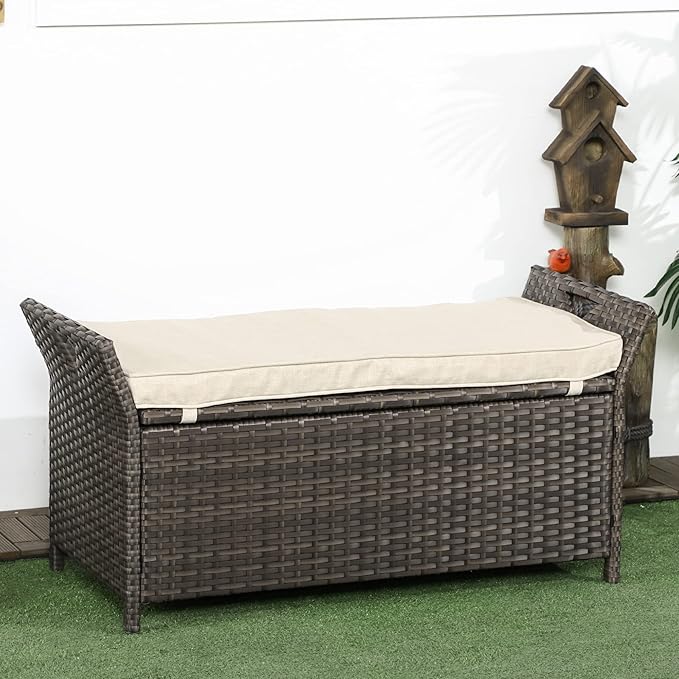 Outsunny 29 Gallon Patio Wicker Storage Bench, Outdoor PE Rattan Patio Furniture, 2-in-1 Large Capacity Rectangle Garden Storage Box with Handles and Cushion, Cream White