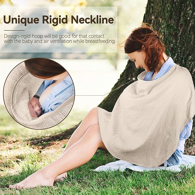 Muslin Cotton Nursing Cover Up for Baby Breastfeeding, Breathable & Soft Privacy Breastfeeding Cover with Arch Neckline for Mom and Baby, Multi-use Adjustable for Mother Nursing Apron