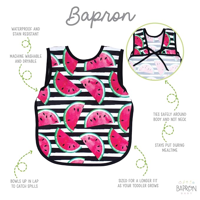 BapronBaby Watermelon Stripes Bapron - No Neck Tie Safer Bib for Baby & Toddler - Soft Waterproof Stain Resistant - Machine Washable - Sz Baby/Toddler 6m-3T