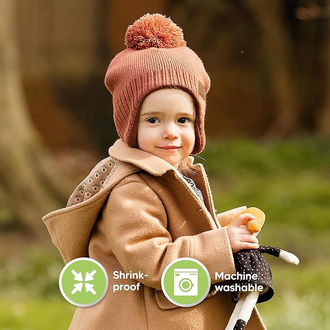Baby Beanies, Baby Hats for Boys, Girls - Cute Toddler Winter Hat, Soft & Stretchy Beanies for Infant, Newborn 6-36 months, Cozy & Warm with Earflap Muff & Pom (Dune)