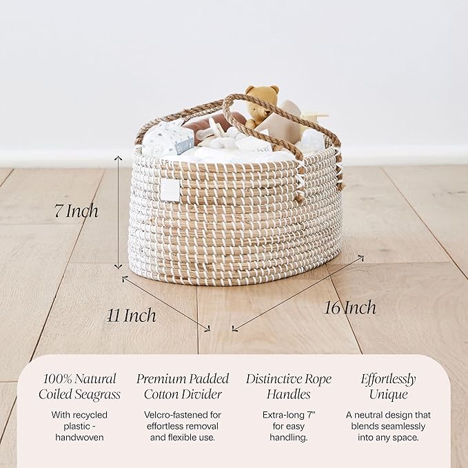 BEBE BASK Premium Baby Diaper Caddy Organizer - Handmade - Seagrass Basket With Cotton Divider - Award-Winning & Luxury Diaper Caddy Basket - White (NATURAL)