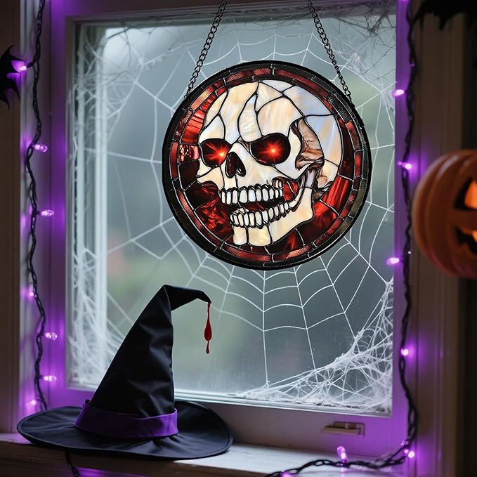 Stained Glass Window Hanging - Halloween Decorations White Skeleton Suncatcher for Doors Garden Indoor Spooky Funny Red Sun Catchers Gothic Decor Horror Gifts for Women Men Friend 9.8 in