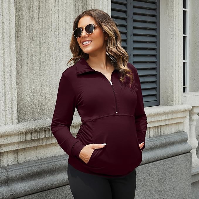 GINKANA Maternity Women's Long Sleeve Shirt Half Zipper Lapel Lightweight Casual Maternity Pullover with Pockets