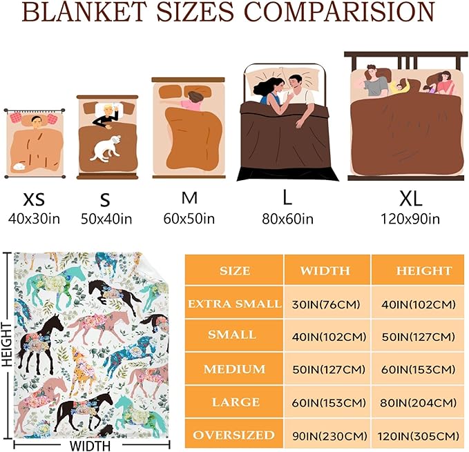 Colorful Floral Horse Throw Blanket for Women Men Flowers Animals Blanket Gifts for Adults Cute Horse Lightweight Blanket 60X80 Inches for Bed All Season