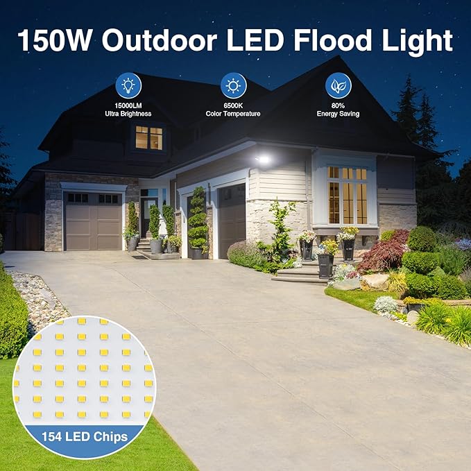 150W Flood Lights Outdoor Waterproof IP65, Exterior LED Floodlights with 3 Adjustable Heads, 15000LM Super Bright Security Lights Fixture, Outside Lights for House, Backyard