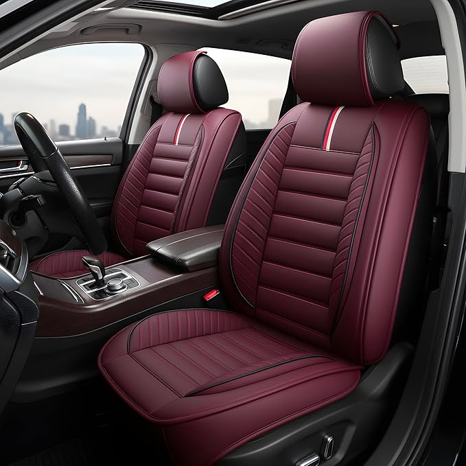 OASIS AUTO Car Seat Covers Premium Waterproof Faux Leather Cushion Universal Accessories Fit SUV Truck Sedan Automotive Vehicle Auto Interior Protector Full Set (OS-001 Burgundy)