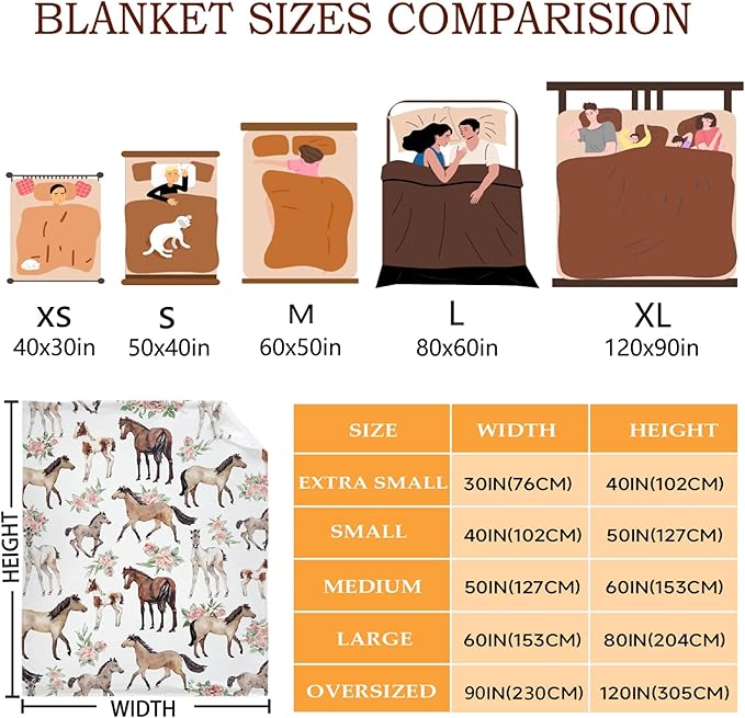 Horse Rose Blanket for Boys Girls, Flowers Kids Throw Blanket Gift for Child, Fluffy Cozy Soft Lightweight Blankets for Bed Office, 40x50 Inches