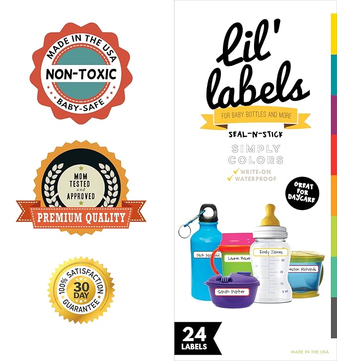 Bottle Labels, Food Pantry Label, Write-On, Self-Laminating, Waterproof Kids Name Labels for Baby Bottles for Daycare School, Dishwasher, Freezer, Kitchen Safe (Simply Colors - Rainbow Inspired)