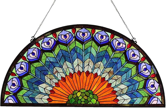 Bieye W10034 Peacock Feather Tiffany Style Stained Glass Window Panel Hangings with Chain, 36 inches Wide Half Round Shape