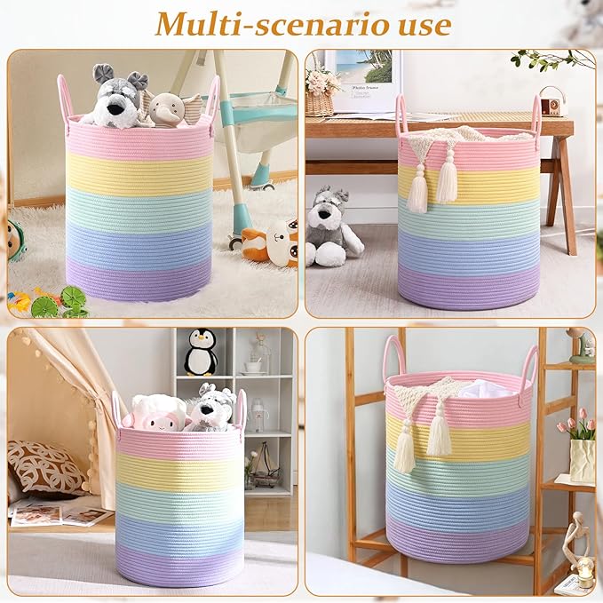 52L Rainbow Storage Basket for Organizing, 15"×18" Large Tall Laundry Baskets, Cotton Rope Woven Blanket Basket, Toy Storage for Kids, Collapsible Laundry Hamper for Living Room, Nursery Room