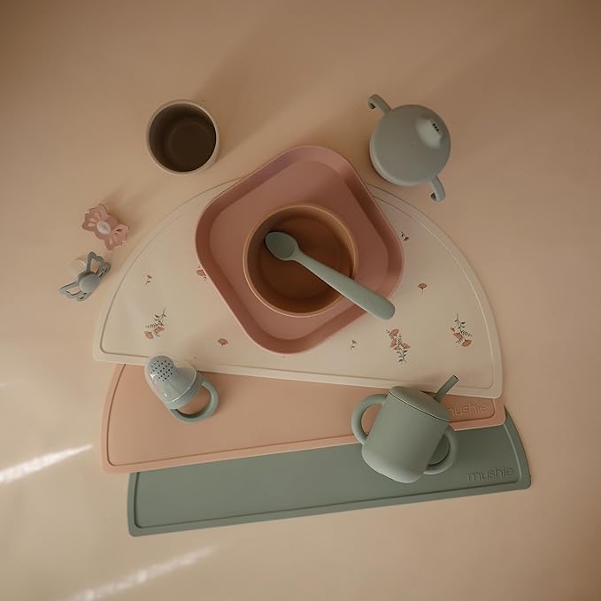 mushie Silicone Placemat for Kids | BPA-Free Non-Slip Design (Pink Flowers)