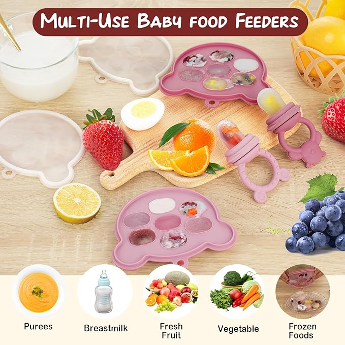 WAJIAYON Baby Breastmilk Popsicle Molds & Baby Fruit Feeder (4 Pack), Infant Food Freezer Tray Storage Containers, Silicone Teething Pacifier Feeder and Teether for Babies,Moss and Fawn Feeder(Pink)