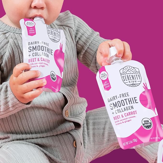 Serenity Kids 6+ Months Organic Baby Food Smoothie Pouch - Dairy-Free Beet & Carrot - USDA Certified Organic Protein Blend - 3.5 Oz, 6 Pack
