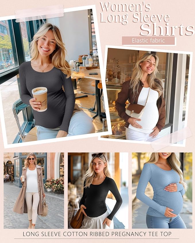 Riyiper 4 Pack Women's Maternity Shirts, Long Sleeve Cotton Ribbed Pregnancy Tee Top Crewneck Side Ruched Casual Mama Clothes