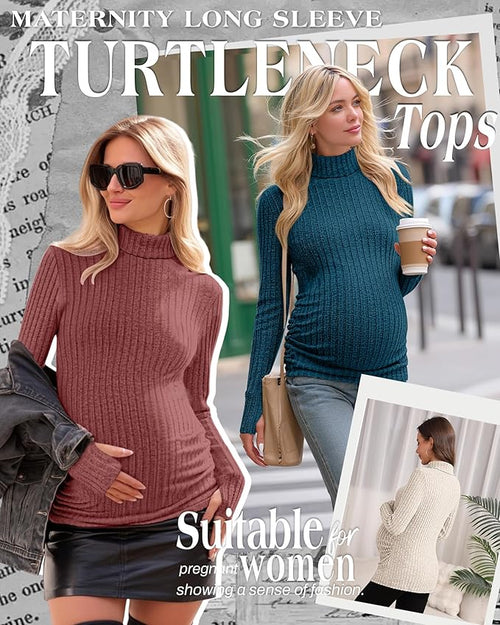 3 Pack Maternity T-Shirts Pregnancy Tops Women Sweater Long Sleeve Turtleneck Ribbed Finger Sleeve Outfits