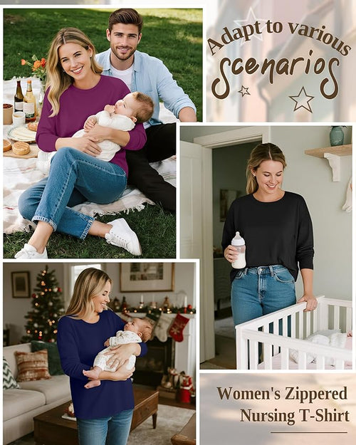 3 Pack Women's Nursing Breastfeeding Tops, Long Sleeve Maternity Shirts Oversize Hidden Zipper Pregnancy Clothes