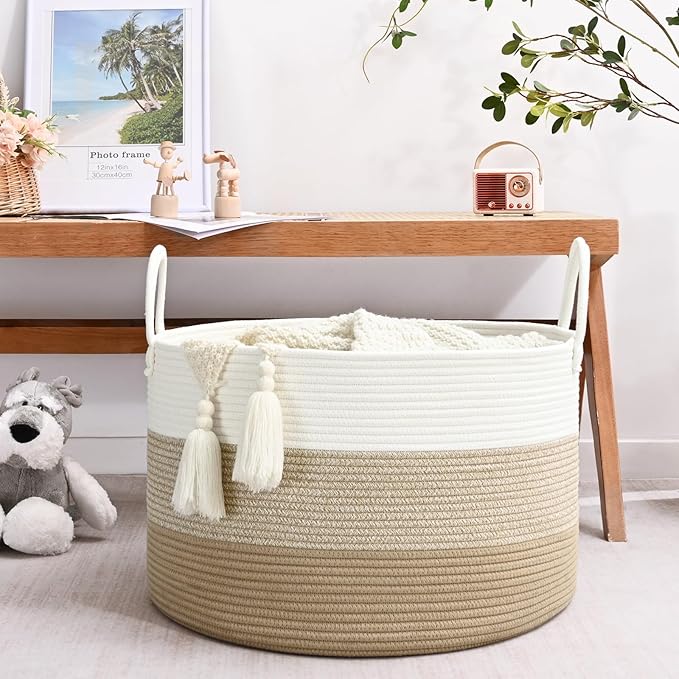 67L Storage Basket for Organizing, 20"×13" Large Laundry Baskets, Cotton Rope Woven Blanket Basket, Toy Storage for Kids, Collapsible Blankets Storage for Living Room, Nursery Room