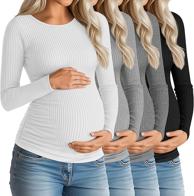Huukeay 4 Pack Women's Maternity Shirts, Long Sleeve Cotton Ribbed Pregnancy Tops Side Ruched Crew Neck Casual Mama Clothes
