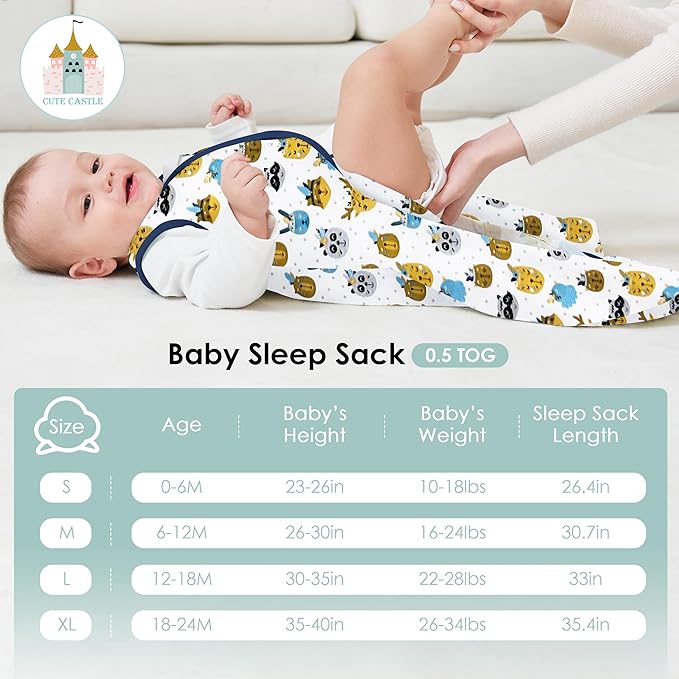Cute Castle Baby Sleep Sack 12-18 Months - Lightweight 100% Cotton 2-Way Zipper TOG 0.5 Infant Wearable Blanket, Newborn Essentials Toddler Sleep Clothes, 3 Pack(Blue, Balloons, Animals)