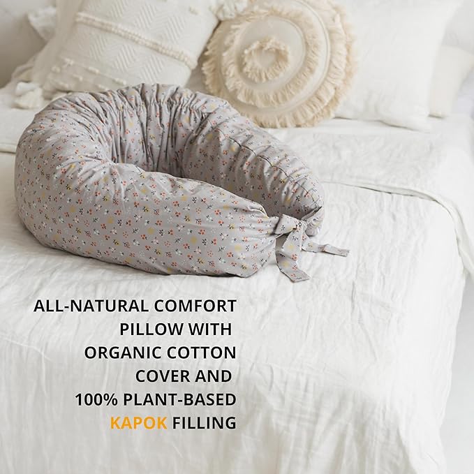 First Organic Cotton Pregnancy Pillow for Sleeping & Feeding made with Natural Kapok Filling – Cooling Nursing & Comfort Pillow for Maternity Support & Side Sleepers – Removable Cover Included!