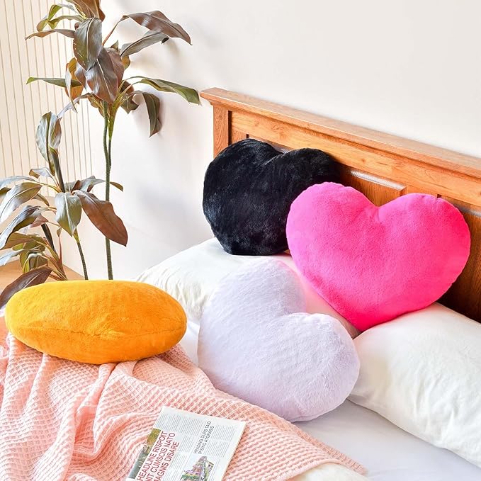 Hot Pink Heart Pillows, Cute Heart Decorative Pillow, Heart Shaped Throw Pillows for Bed, Faux Rabbit Fur Plush Hoom Decor Pillow Cushion for Chair Sofa Living Room (Medium-15.7"x11.8")