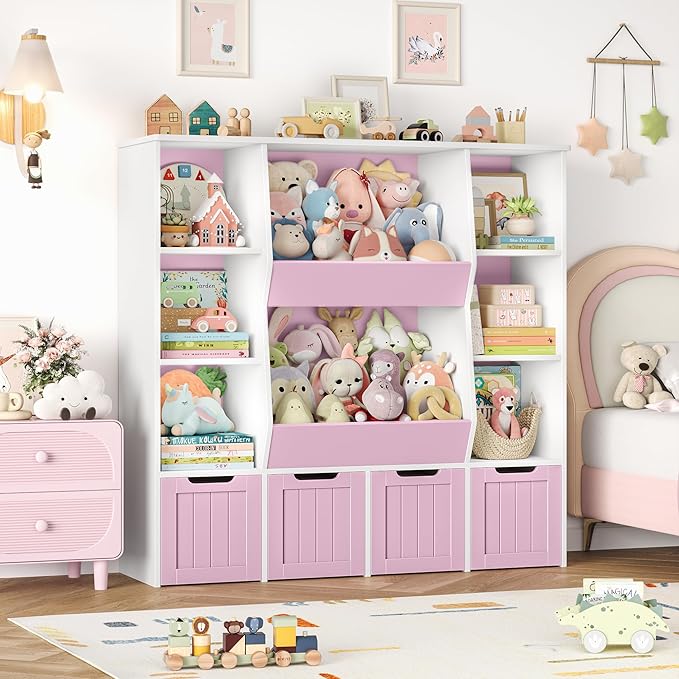 FINETONES Toy Organizers and Storage with 4 Movable Drawers, Large Toy Storage Organizer with 8 Open Storage Cubbies, Kids Bookshelf and Toy Storage with Hidden Wheels for Playroom, Kids Room,Pink