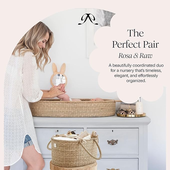 BEBE BASK Premium Baby Diaper Caddy Organizer - Artisan-Made Seagrass Basket With Cotton Divider - Award-Winning & Luxury Diaper Caddy Basket (ROSA)