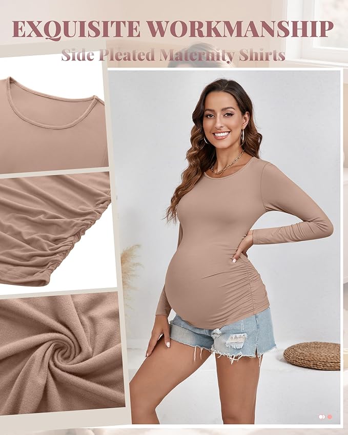 Ficerd 3 Pack Women's Maternity Shirts, Long Sleeve Side Ruched Pregnancy Tee Tops Crew Neck Casual Mama Clothes Basic Tunic