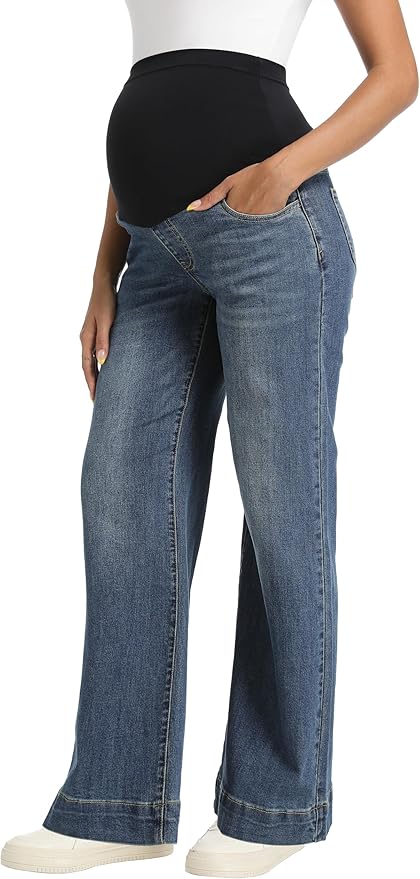Foucome Women's Maternity Jeans Wide Leg Trendy Comfy Stretchy Straight Leg Pregnancy Denim Pants