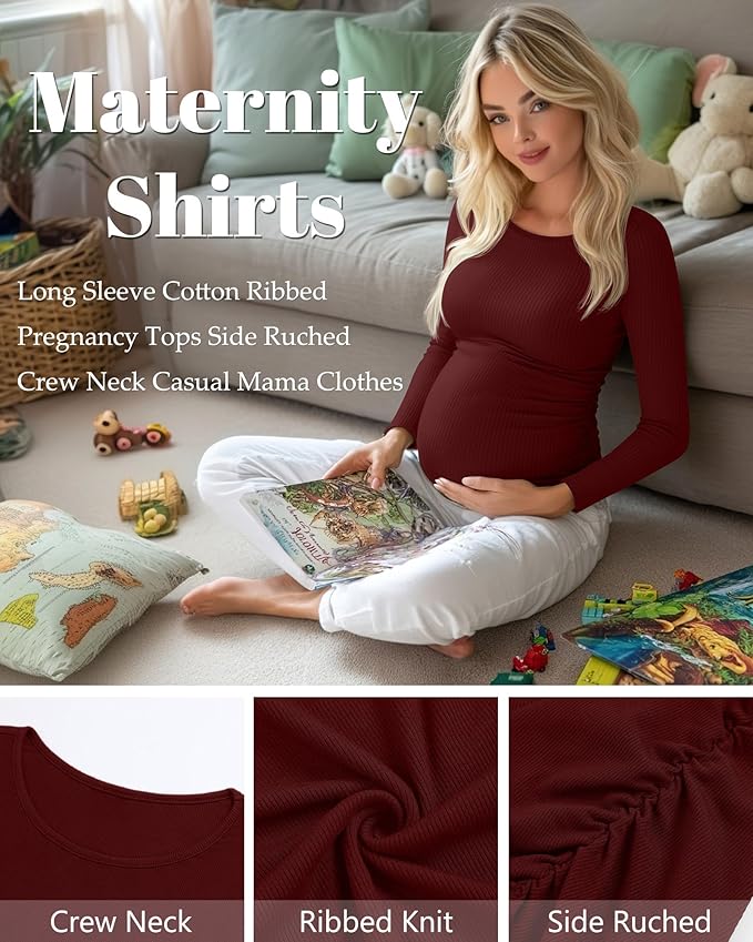 Huukeay 4 Pack Women's Maternity Shirts, Long Sleeve Cotton Ribbed Pregnancy Tops Side Ruched Crew Neck Casual Mama Clothes