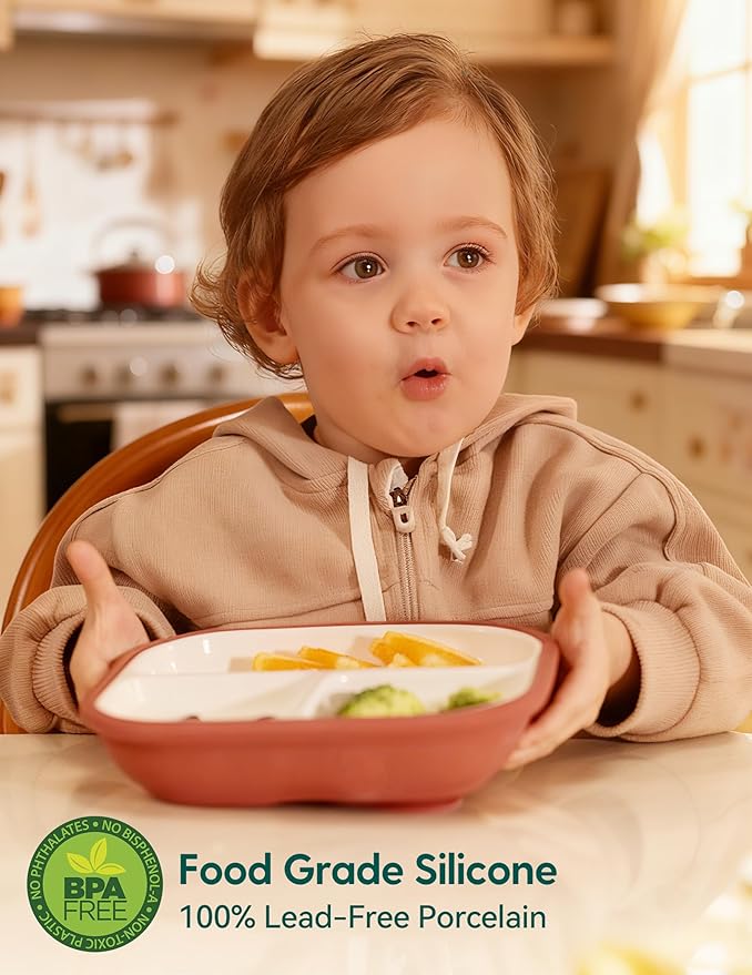 BABELIO 8'' Toddler Porcelain Plates with Silicone Suction Sleeves, Lead & BPA Free, Divided, Microwave & Dishwasher Safe, Stay Put, Suitable for Kids/Babies, 3 Pack